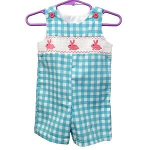Pink Bunny Smock Turquoise Gingham Romper 3-6 Months‎